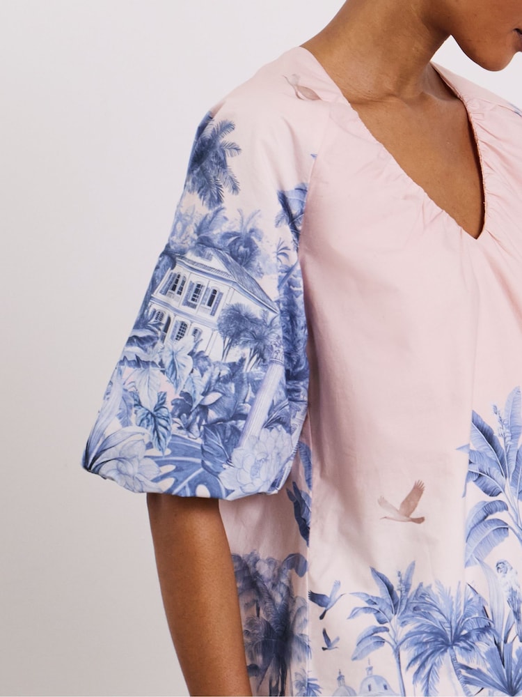 Joanna Hope Blue Cotton Poplin Floral Blouse - Image 4 of 4