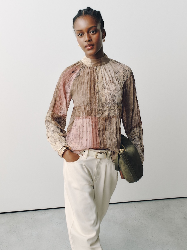 Brown/Pink Paisley Patchwork Print Textured High Neck Long Sleeve Blouse - Image 2 of 6 Brown/Pink Paisley Patchwork Print Textured High Neck Long Sleeve Blouse - Image 2 of 6