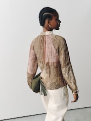 Brown/Pink Paisley Patchwork Print Textured High Neck Long Sleeve Blouse - Image 3 of 6