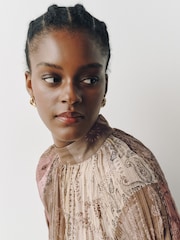 Brown/Pink Paisley Patchwork Print Textured High Neck Long Sleeve Blouse - Image 4 of 6