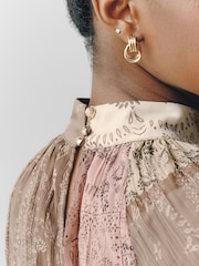 Brown/Pink Paisley Patchwork Print Textured High Neck Long Sleeve Blouse - Image 5 of 6