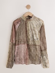 Brown/Pink Paisley Patchwork Print Textured High Neck Long Sleeve Blouse - Image 6 of 6