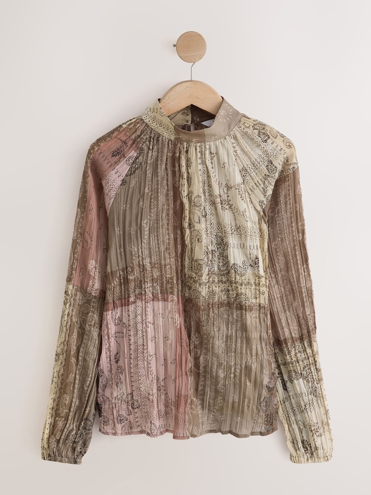 Brown/Pink Paisley Patchwork Print Textured High Neck Long Sleeve Blouse - Image 6 of 6 Brown/Pink Paisley Patchwork Print Textured High Neck Long Sleeve Blouse - Image 6 of 6