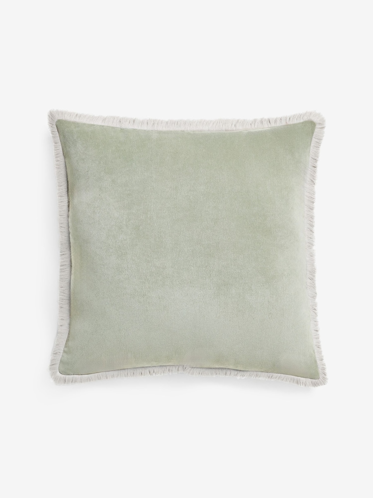 Green 59 x 59cm Soft Velour Contrast Fringe Cushion - Image 1 of 2 Green 59 x 59cm Soft Velour Contrast Fringe Cushion - Image 1 of 2