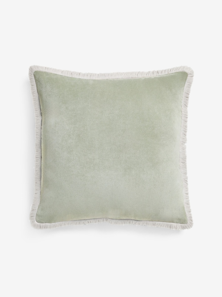Green 59 x 59cm Soft Velour Contrast Fringe Cushion - Image 4 of 4