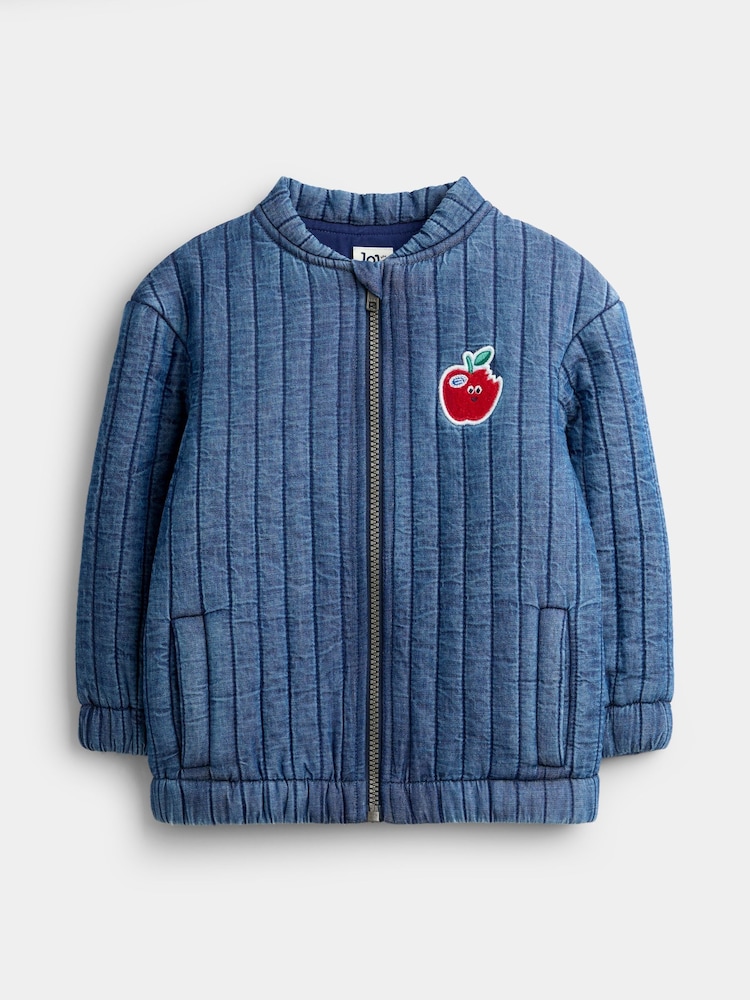 JoJo Maman Bébé Denim Blue Apple Appliqué Bomber Jacket - Image 1 of 4 JoJo Maman Bébé Denim Blue Apple Appliqué Bomber Jacket - Image 1 of 4