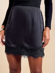 Friends Like These Black Satin Lace Hem Mini Skirt - Image 1 of 5