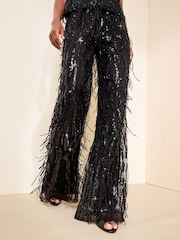 Friends Like These X Mollie King Black Sequin Fringe Tassel Wide Leg Trousers - Image 1 of 4