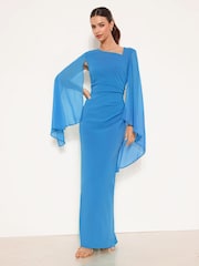 Lipsy Blue Long Sleeve Mesh Cape Maxi Dress - Image 1 of 4