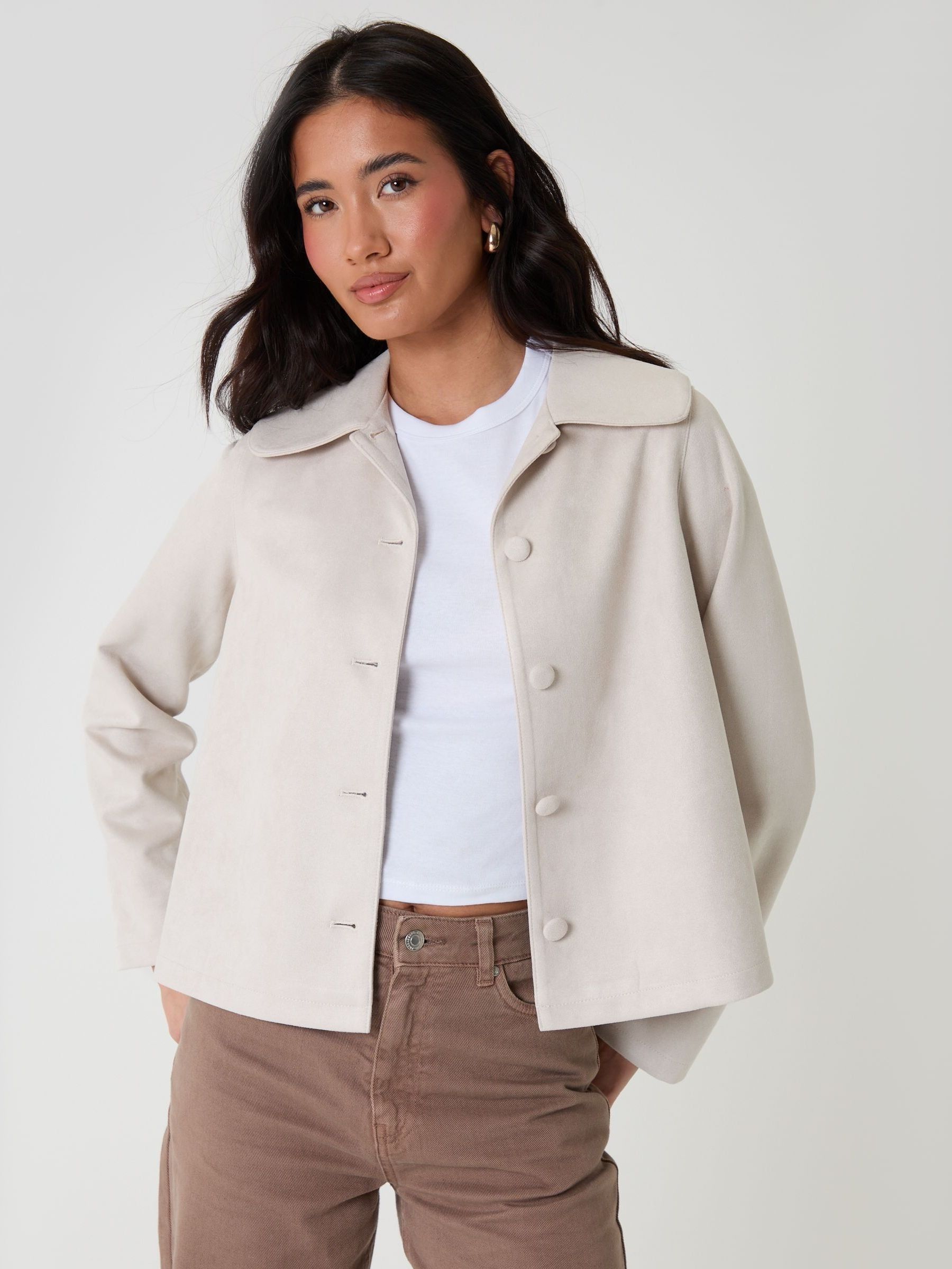 Buy Threadbare Cream Faux Suede Peter Pan Collar Cropped Jacket