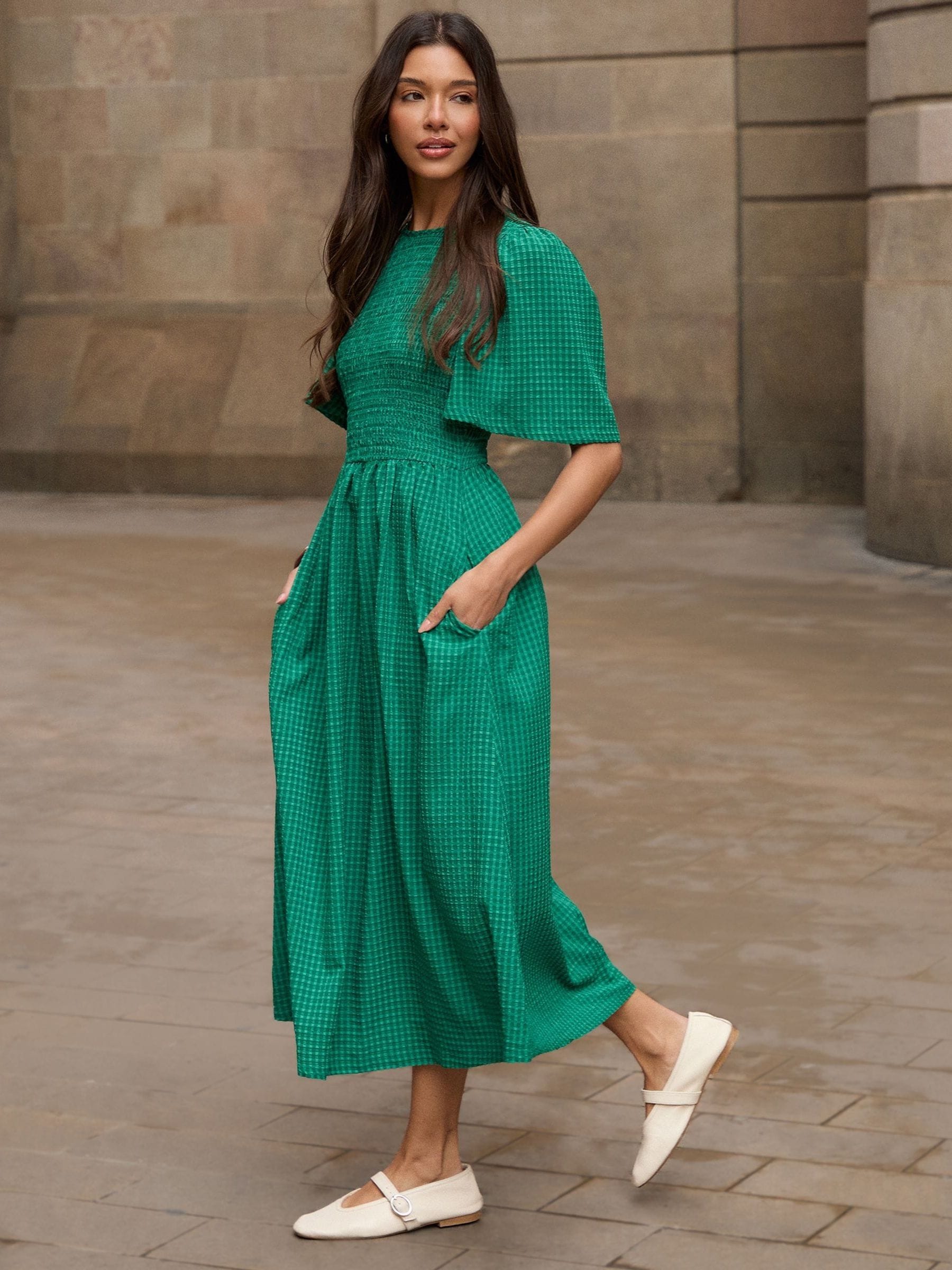 Buy Threadbare Green Gingham Angel Sleeve Midaxi Dress from the