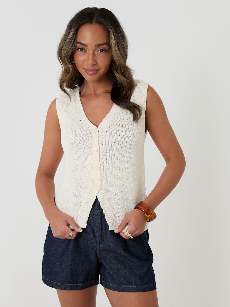 Threadbare Cream Knitted Yarn V-Neck Waistcoat - Image 1 of 5