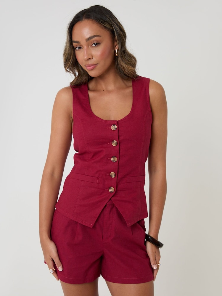 Threadbare Red Scoop Neck Longline Linen Blend Waistcoat - Image 1 of 4