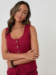 Threadbare Red Scoop Neck Longline Linen Blend Waistcoat - Image 4 of 4