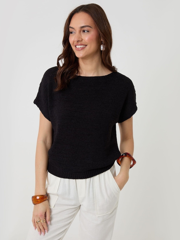Threadbare Black Slash Neck Short Sleeve Jumper - Image 1 of 4 Threadbare Black Slash Neck Short Sleeve Jumper - Image 1 of 4