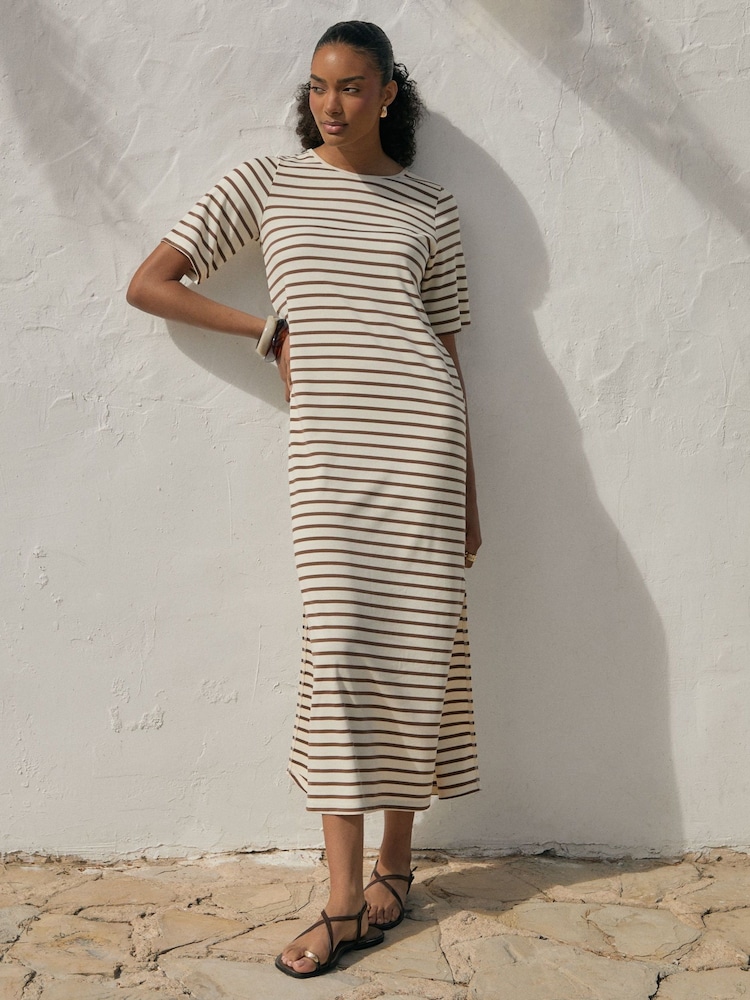 Threadbare Brown Stripe Jersey Maxi T-Shirt Dress - Image 1 of 5