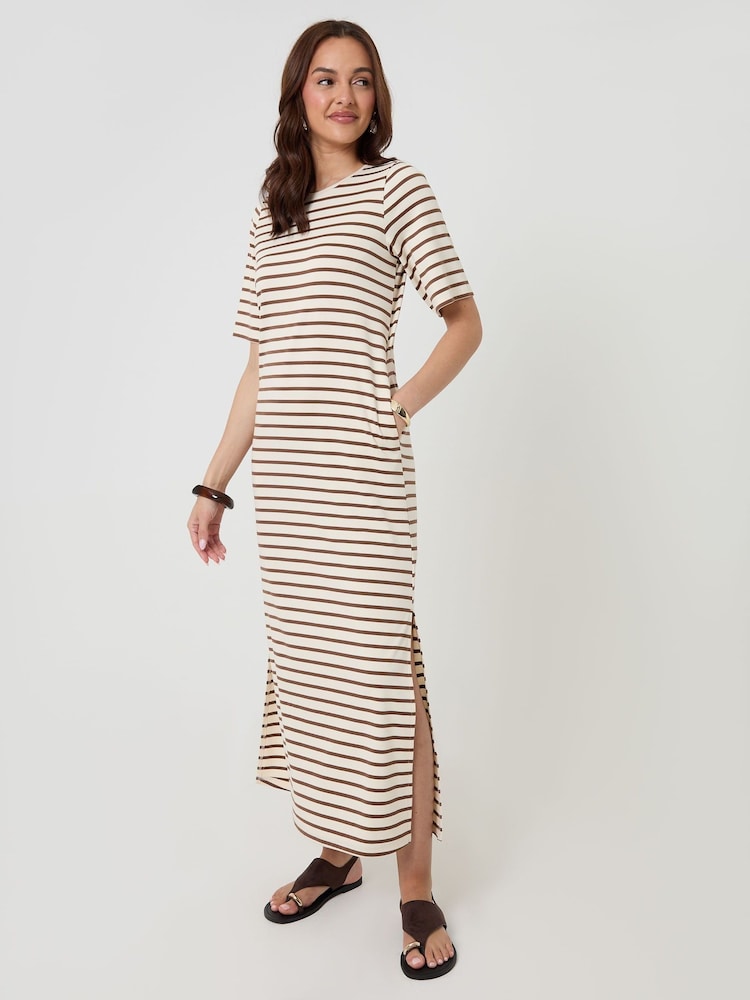 Threadbare Brown Stripe Jersey Maxi T-Shirt Dress - Image 2 of 5