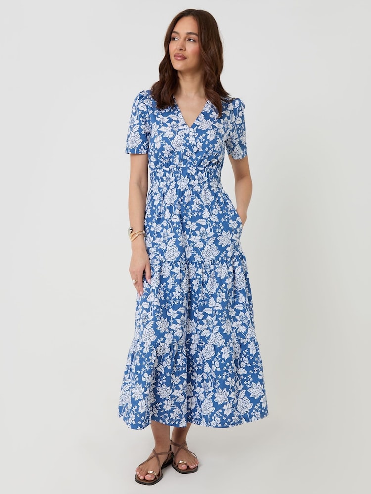 Threadbare Blue Cotton Poplin Tiered Midaxi Dress - Image 1 of 4
