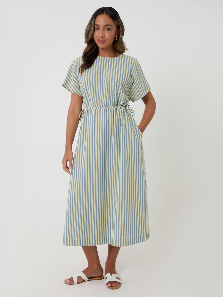 Threadbare Blue Stripe Kimono Sleeve Drawstring Waist Midi Dress - Image 2 of 5