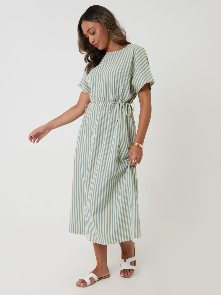 Threadbare Blue Stripe Kimono Sleeve Drawstring Waist Midi Dress - Image 5 of 5