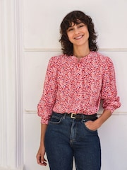 Pure Collection Red Collarless Pleat Detail Blouse - Image 1 of 3