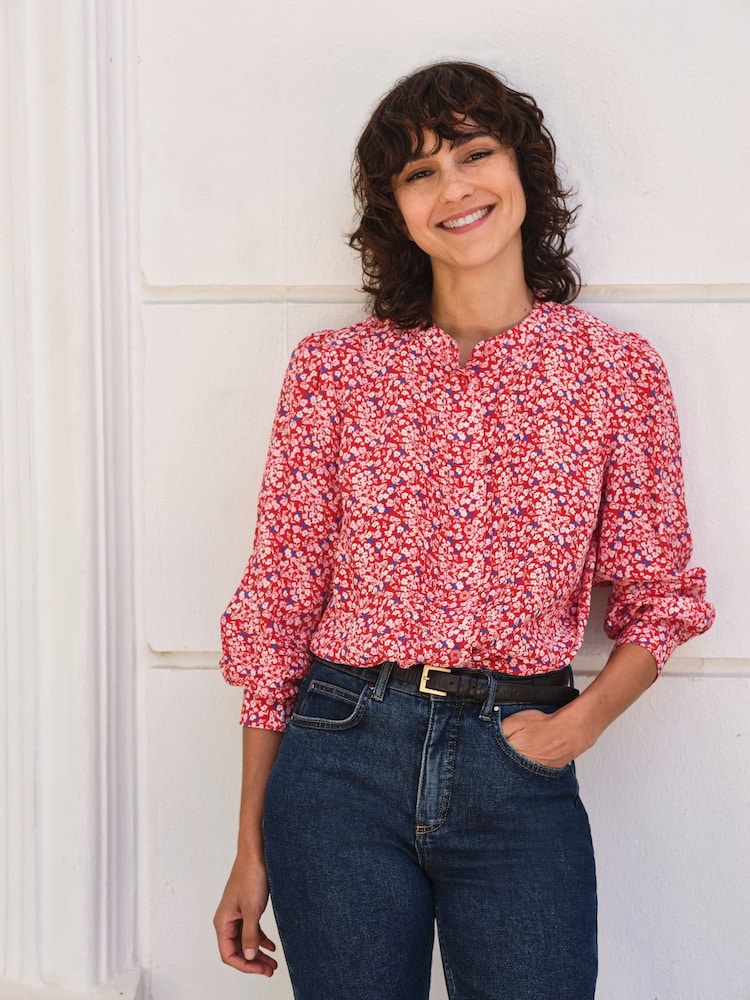 Pure Collection Red Collarless Pleat Detail Blouse - Image 1 of 3
