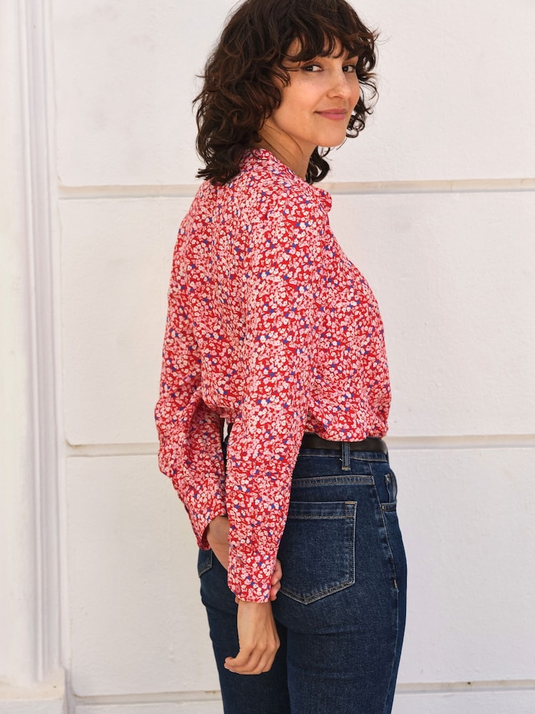 Pure Collection Red Collarless Pleat Detail Blouse - Image 2 of 3