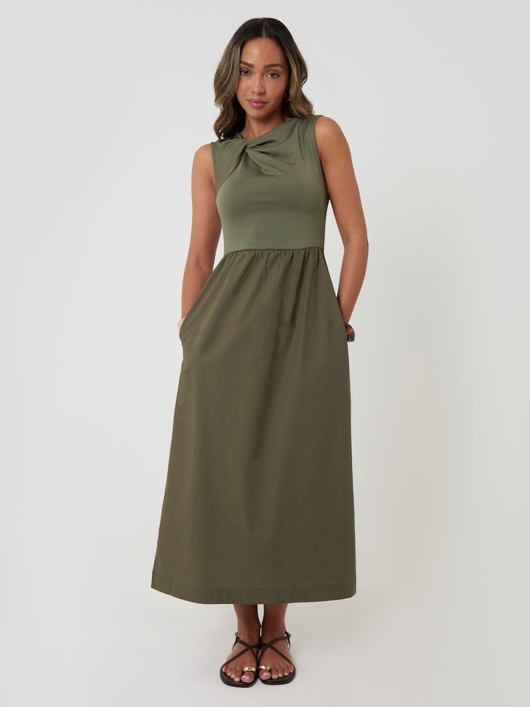 Threadbare Green Twist Detail 2-in-1 Midi Dress with Poplin Skirt - Image 1 of 4 Threadbare Green Twist Detail 2-in-1 Midi Dress with Poplin Skirt - Image 1 of 4