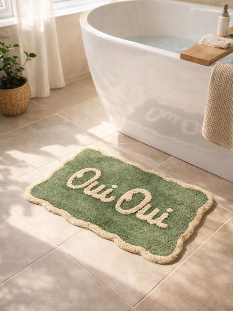 Mooky Mats Cream/Green Oui Slogan Bath Mat - Image 1 of 4 Mooky Mats Cream/Green Oui Slogan Bath Mat - Image 1 of 4