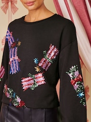 Love & Roses Black Sequin Cracker Crew Neck Sweatshirt - Image 2 of 5