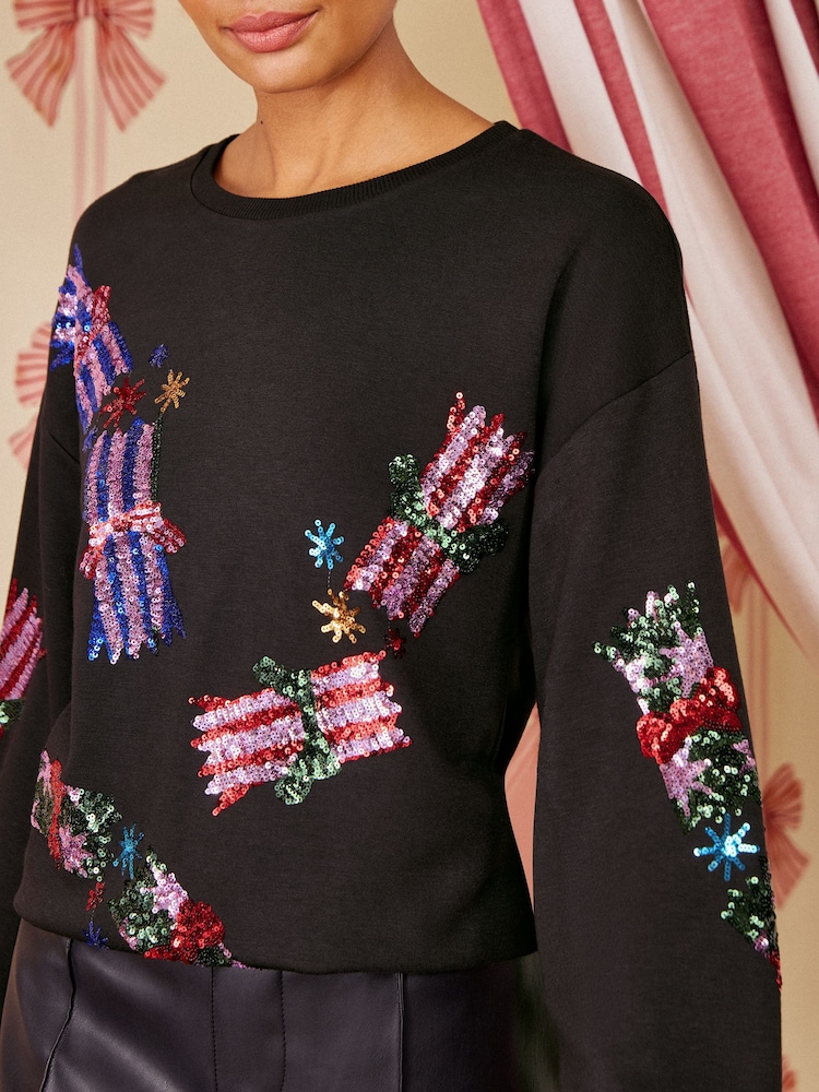 Love & Roses Black Sequin Cracker Crew Neck Sweatshirt - Image 2 of 5