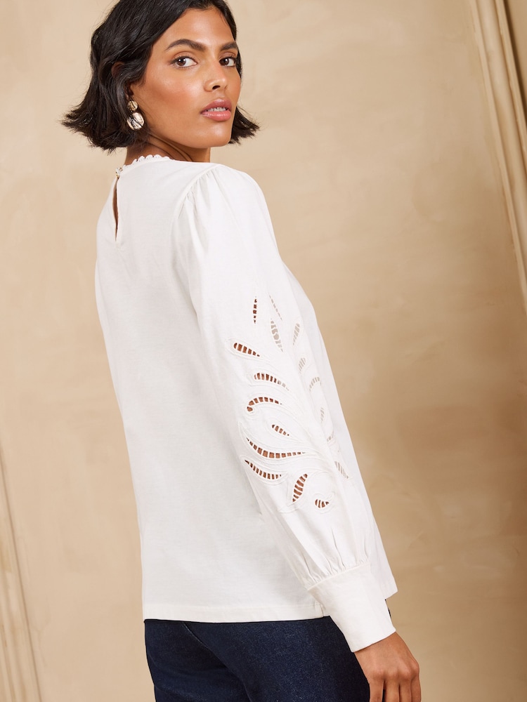 Love & Roses Ivory Broderie Piecrust Long Sleeve Top - Image 4 of 4