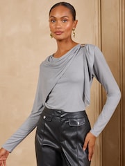 Love & Roses Grey Hardwear Cape Long Sleeve Jersey Top - Image 1 of 4