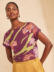 Love & Roses Burgundy Red Tiger Palm Print T-Shirt - Image 4 of 4