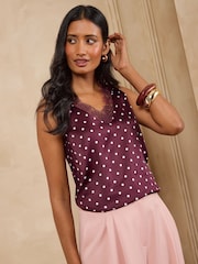 Love & Roses Berry Red Spot Satin Front Lace Trim V-Neck Vest - Image 4 of 5