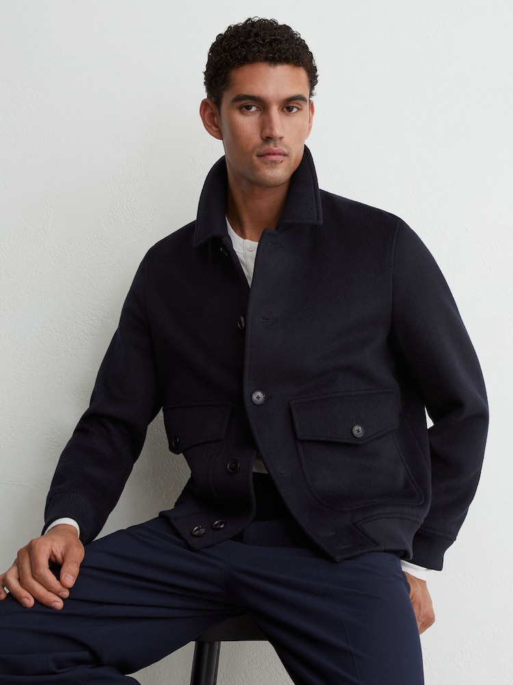 Reiss Navy Deluca Wool-Blend Flap-Pocket Bomber Jacket - Image 1 of 7 Reiss Navy Deluca Wool-Blend Flap-Pocket Bomber Jacket - Image 1 of 7