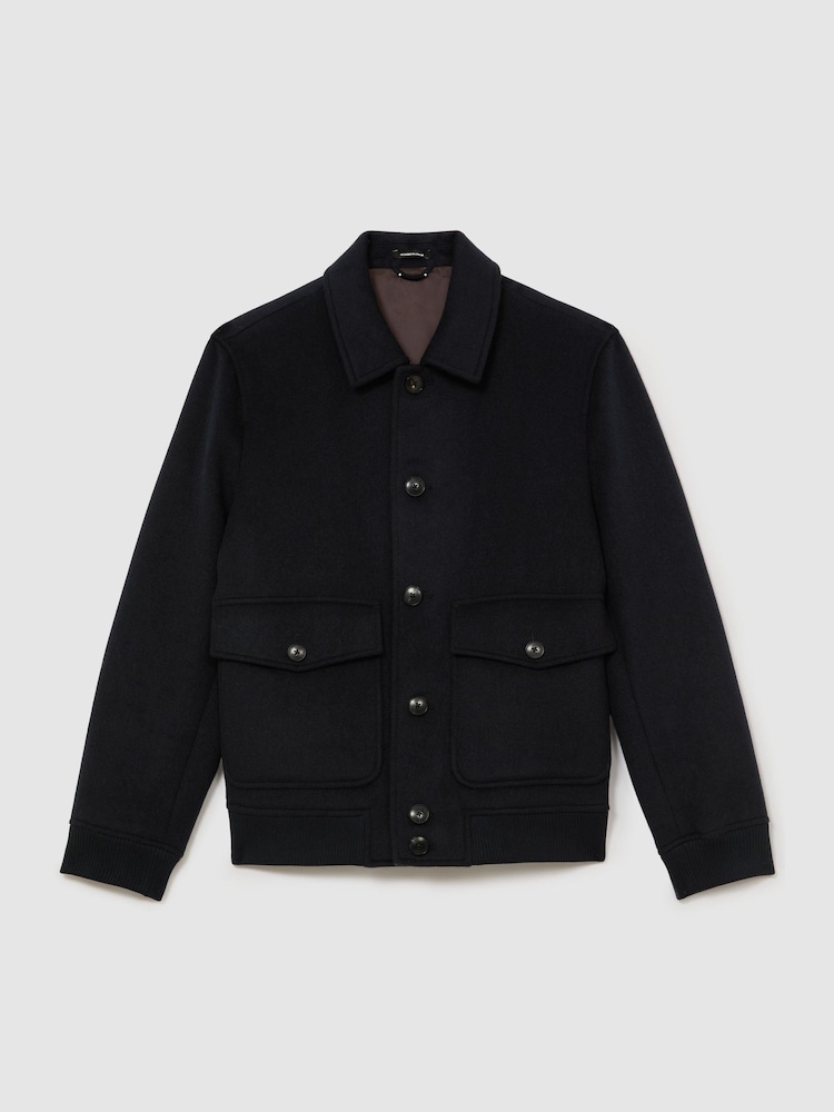 Reiss Navy Deluca Wool-Blend Flap-Pocket Bomber Jacket - Image 2 of 7 Reiss Navy Deluca Wool-Blend Flap-Pocket Bomber Jacket - Image 2 of 7