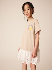 Neutral Brown Broderie Hem T-Shirt Dress (3-16yrs) - Image 2 of 10