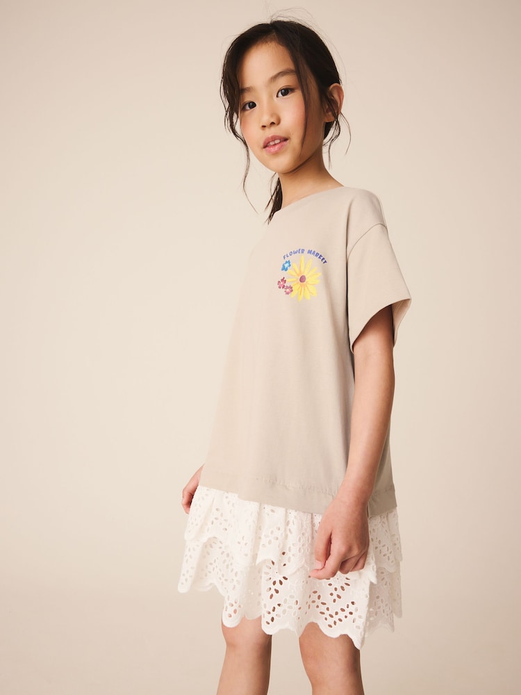 Neutral Brown Broderie Hem T-Shirt Dress (3-16yrs) - Image 2 of 10