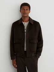 Reiss Chocolate Brown Deluca Wool-Blend Flap-Pocket Bomber Jacket - Image 1 of 7