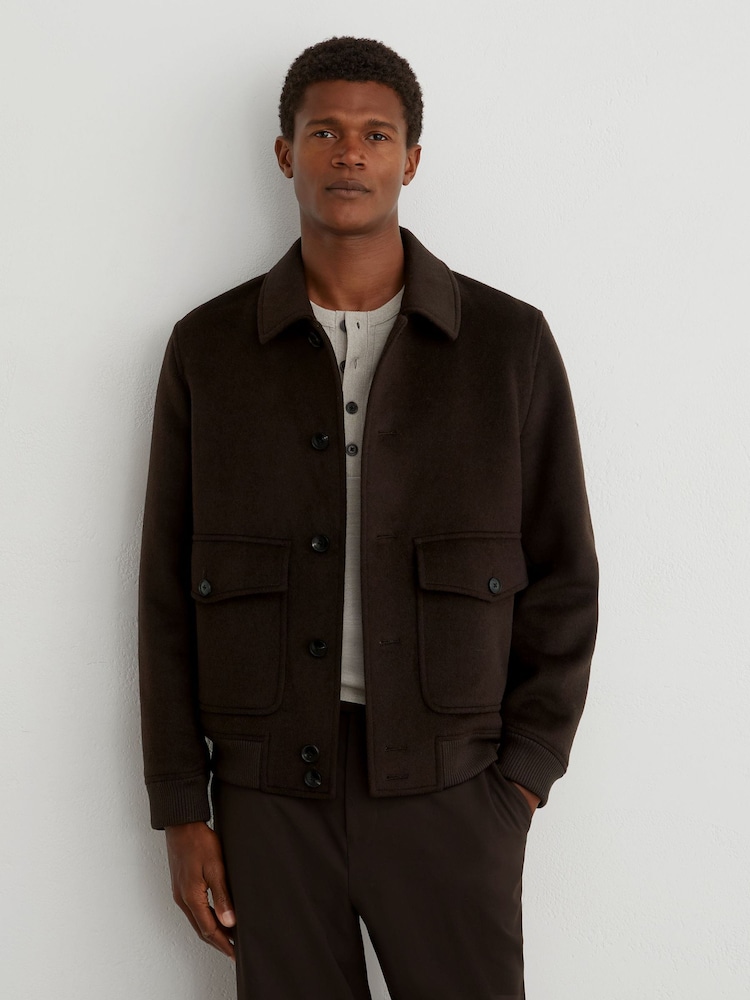 Reiss Chocolate Brown Deluca Wool-Blend Flap-Pocket Bomber Jacket - Image 1 of 7 Reiss Chocolate Brown Deluca Wool-Blend Flap-Pocket Bomber Jacket - Image 1 of 7