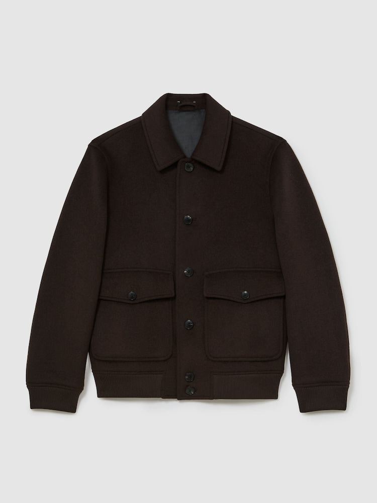 Reiss Chocolate Brown Deluca Wool-Blend Flap-Pocket Bomber Jacket - Image 2 of 7 Reiss Chocolate Brown Deluca Wool-Blend Flap-Pocket Bomber Jacket - Image 2 of 7
