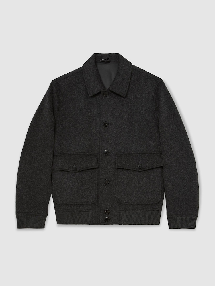 Reiss Charcoal Grey Deluca Wool-Blend Flap-Pocket Bomber Jacket - Image 2 of 7 Reiss Charcoal Grey Deluca Wool-Blend Flap-Pocket Bomber Jacket - Image 2 of 7