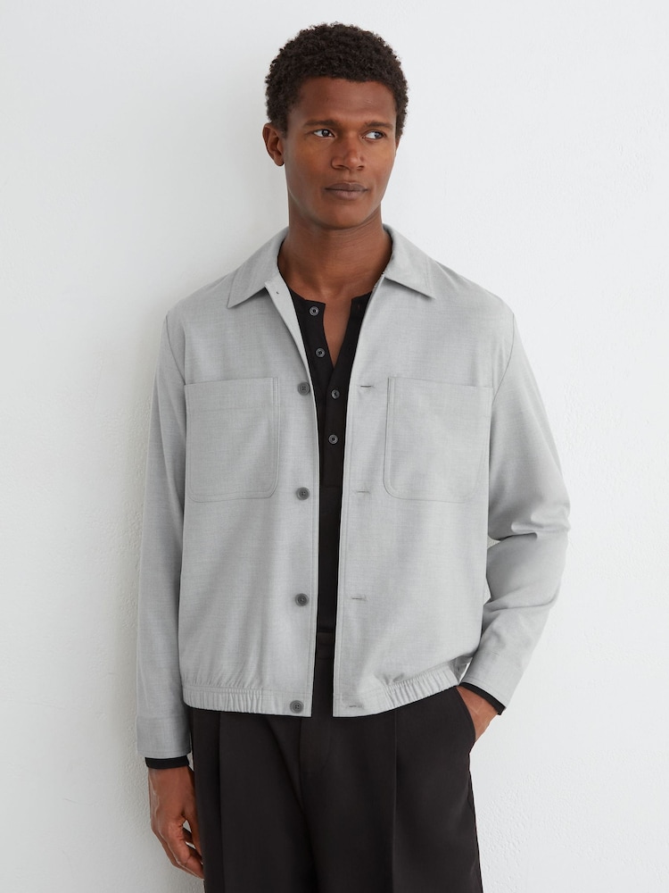 Reiss Soft Grey Penge Brushed Twin-Pocket Overshirt with Wool - Image 1 of 7 Reiss Soft Grey Penge Brushed Twin-Pocket Overshirt with Wool - Image 1 of 7