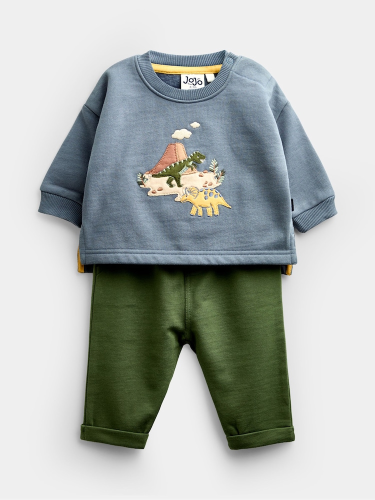 JoJo Maman Bébé Blue Dino 2-Piece Sweatshirt & Jogger Set - Image 1 of 7 JoJo Maman Bébé Blue Dino 2-Piece Sweatshirt & Jogger Set - Image 1 of 7