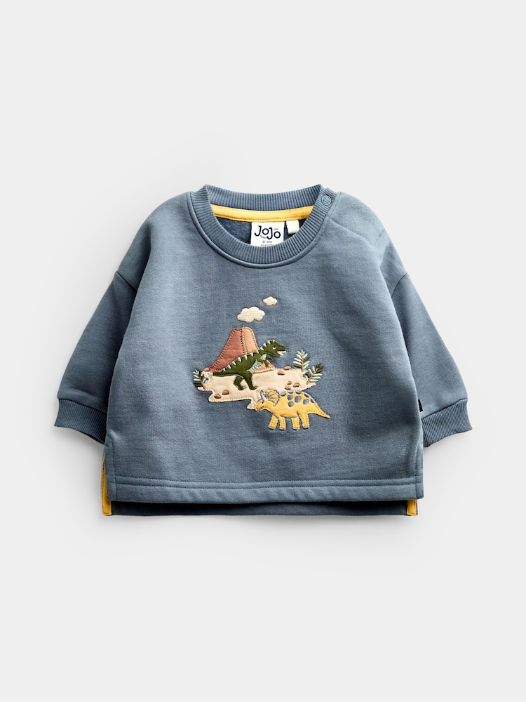 JoJo Maman Bébé Blue Dino 2-Piece Sweatshirt & Jogger Set - Image 2 of 7 JoJo Maman Bébé Blue Dino 2-Piece Sweatshirt & Jogger Set - Image 2 of 7