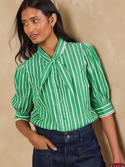 Love & Roses Green Stripe Tie Neck Blouse - Image 1 of 4