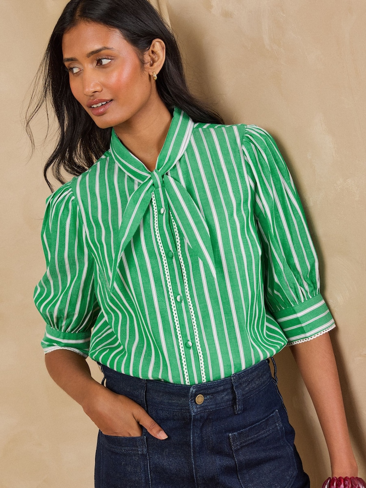 Love & Roses Green Stripe Tie Neck Blouse - Image 1 of 4 Love & Roses Green Stripe Tie Neck Blouse - Image 1 of 4
