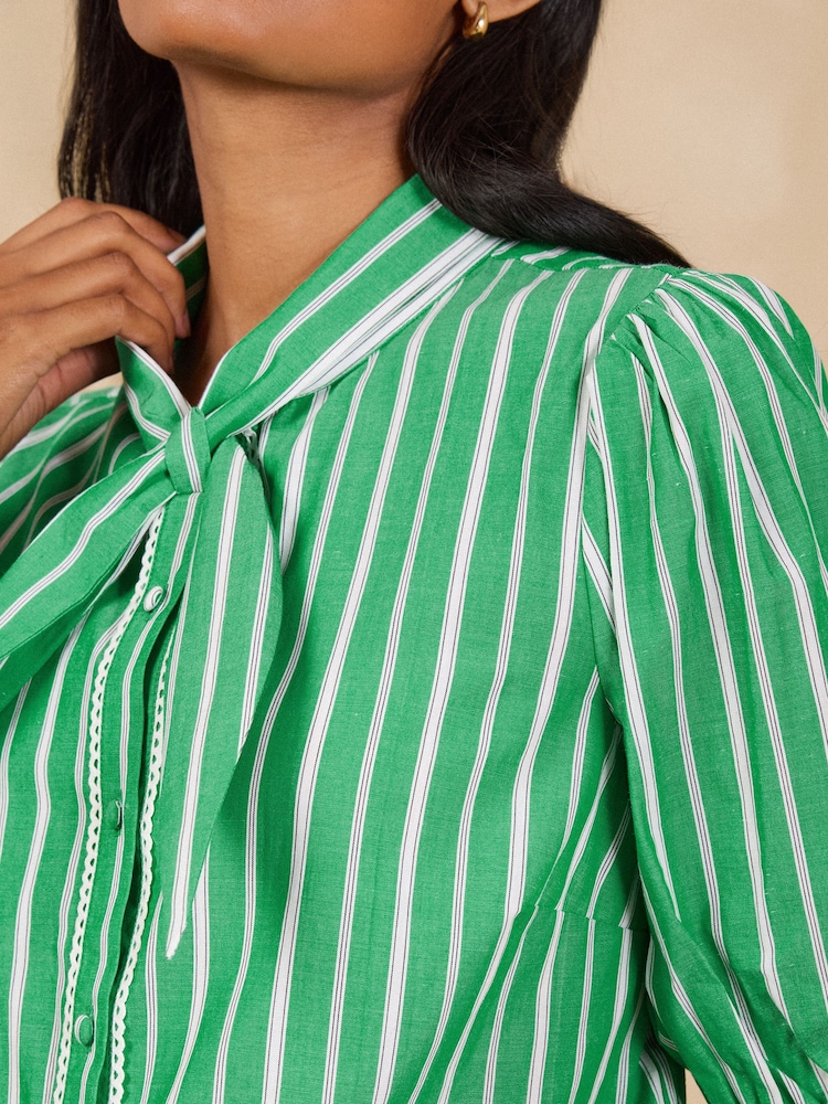 Love & Roses Green Stripe Tie Neck Blouse - Image 2 of 4 Love & Roses Green Stripe Tie Neck Blouse - Image 2 of 4