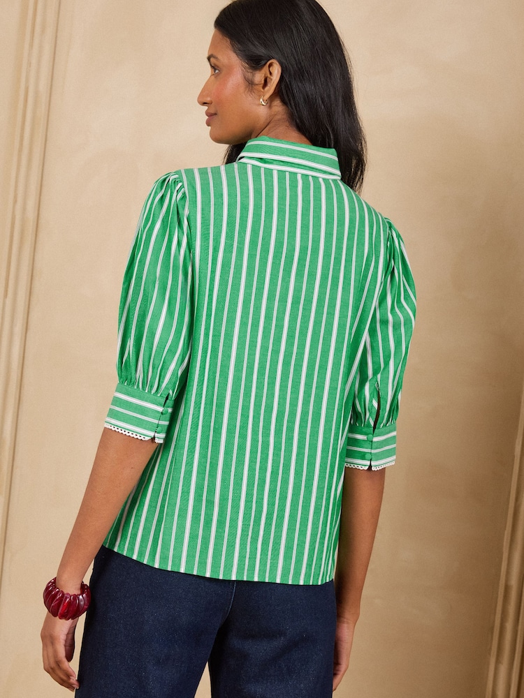 Love & Roses Green Stripe Tie Neck Blouse - Image 4 of 4 Love & Roses Green Stripe Tie Neck Blouse - Image 4 of 4